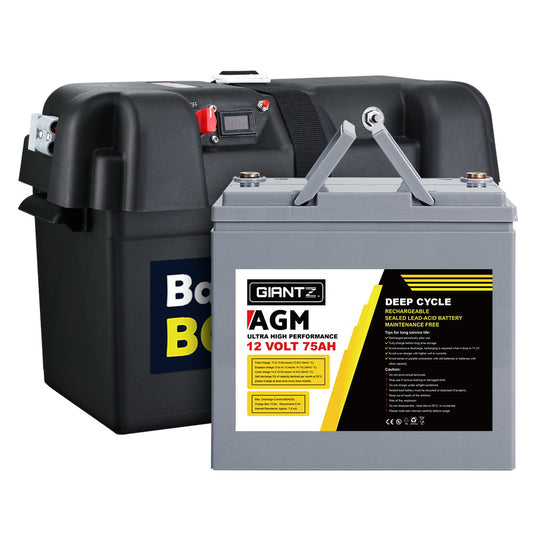 Giantz 75Ah Deep Cycle Battery 12V AGM & Battery Box